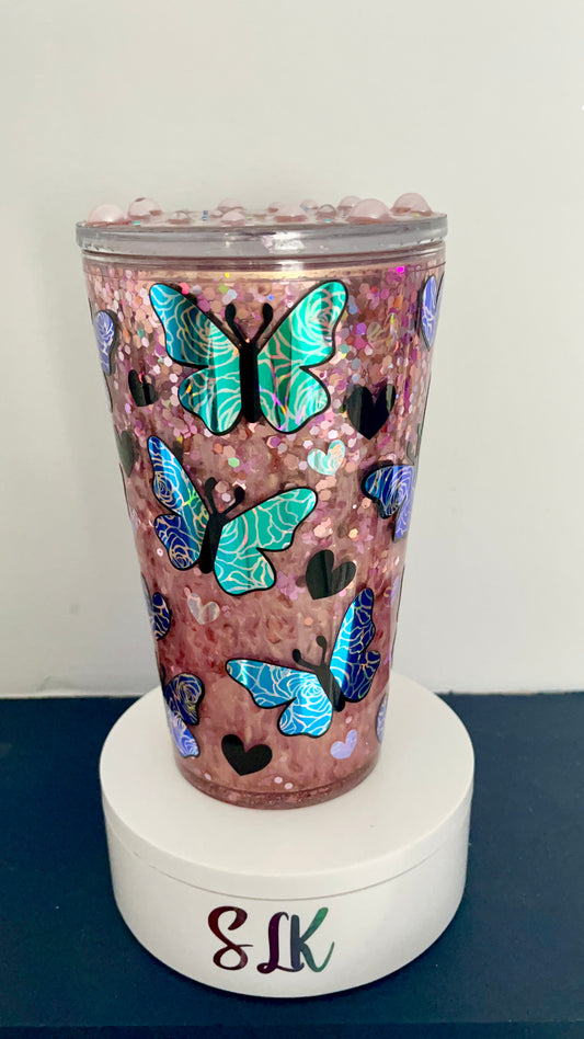 Rosegold butterfly snowglobe tumbler