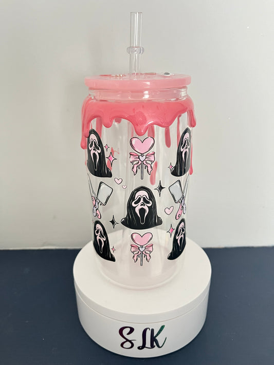 Pink ghost face glass Libby can